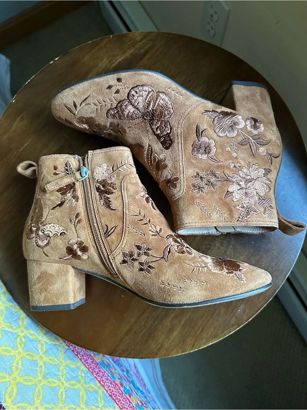 Johnny Was Taline Embroidered Suede Heeled Booties Tan Brown Size 7 Boho